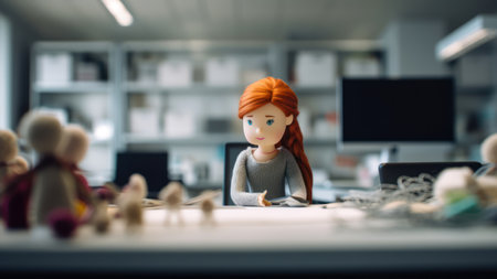 Close-up of a red-haired girl sitting at a desk in the officeの素材