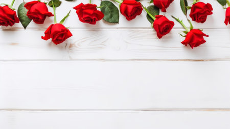 Red roses on white wooden background. Flat lay, top view, copy spaceの素材
