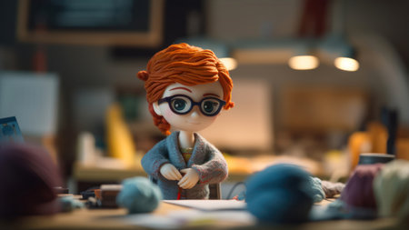 Cute handmade doll with blue eyes and red hair in the studioの素材