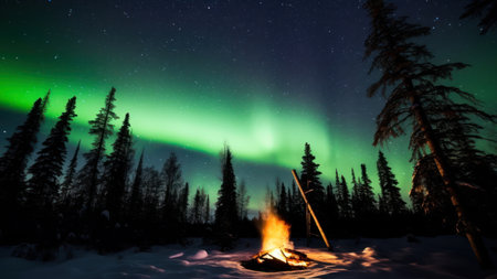 Aurora borealis or Northern lights over bonfire in winter forestの素材