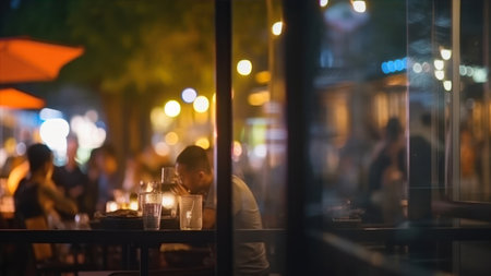 Young man sitting in a restaurant at night. Blurred background.の素材