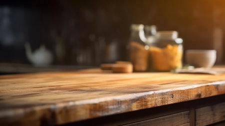Empty wooden table and blurred background of coffee shop in the morning.の素材