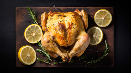 Whole roasted chicken with lemon and rosemary on wooden cutting boardの素材