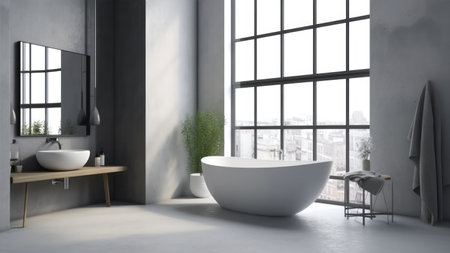 Interior of modern bathroom with gray walls, concrete floor, comfortable white bathtub standing near the window. 3d renderingの素材