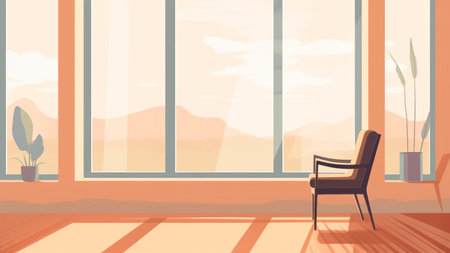 Illustration of a room with a view of the mountains through the windowの素材