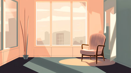 Illustration of a living room with a chair and a large windowの素材