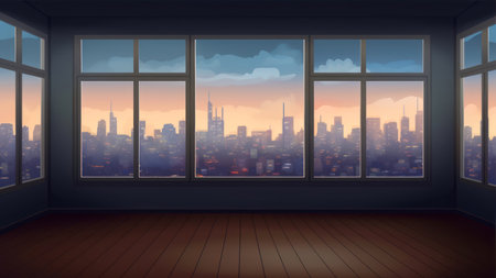 Empty room with panoramic window and city view. vector illustrationの素材