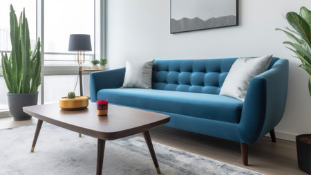 Interior of living room with blue sofa, coffee table and plantsの素材