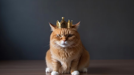 Cute ginger cat wearing a golden crown on a dark background.の素材