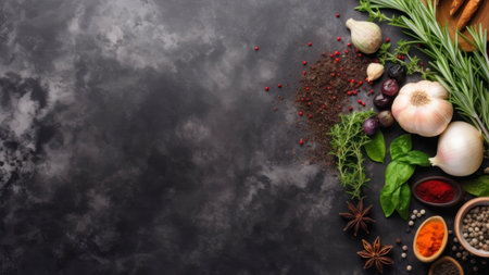 Spices and herbs on stone background. top view with copy spaceの素材