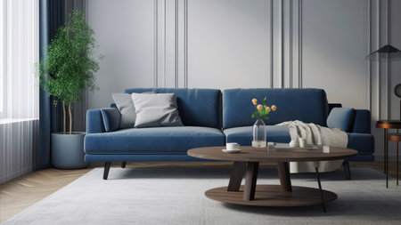 interior with blue sofa. 3d render illustration mock-upの素材