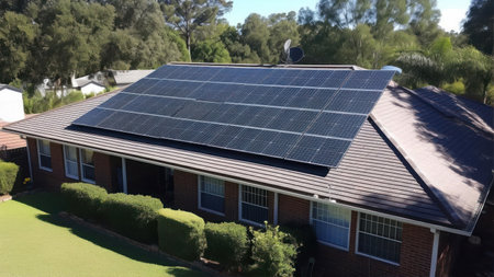 House with a roof from a solar panel. Modern house with a roof from a solar panel.の素材