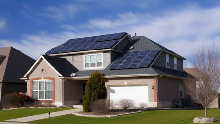 Modern house with solar panels installed on the roof. Modern house with solar panels installed on the roof.の素材