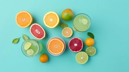 Different types of citrus fruits on blue background. Top view, flat layの素材