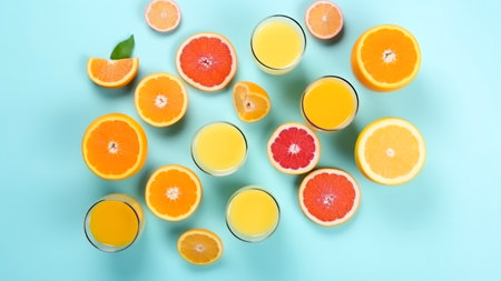 Orange, grapefruit and orange juice on blue background. top view.の素材
