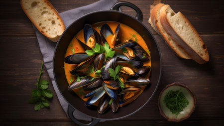 Mussels in tomato sauce with parsley and bread on wooden backgroundの素材