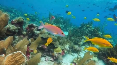 Underwater view of tropical coral reef with fishes and corals.の素材