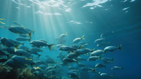 Underwater view of a school of fish swimming in the ocean.の素材