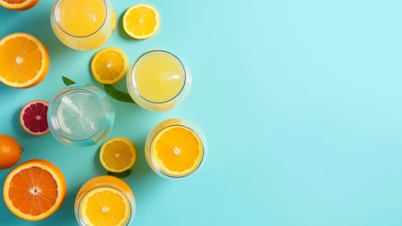 Orange, lemon and grapefruit juice in glasses on a blue background.の素材