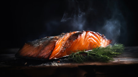 smoked salmon with dill on a black background, close-upの素材