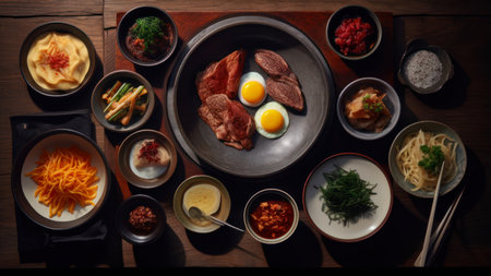 Korean food set on wooden table. top view. copyspace.の素材