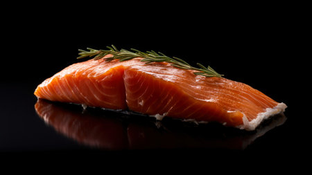 Salmon fillet with rosemary on a black background with reflectionの素材