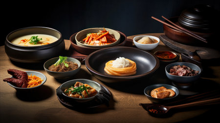 Korean food collection, miso soup, pork, beef and vegetableの素材