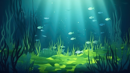 Underwater landscape with algae and fish. Underwater world, vector illustrationの素材