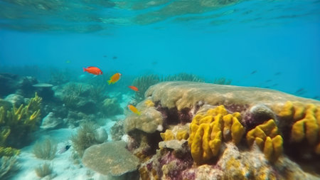 Underwater view of tropical coral reef with fish and marine life.の素材