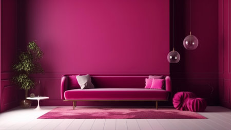 Pink living room interior with pink sofa, carpet and plant - renderingの素材
