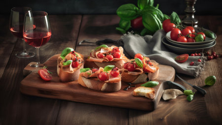 Bruschetta with tomatoes, mozzarella and basil on wooden backgroundの素材