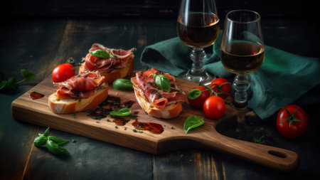 Bruschetta with prosciutto crudo or jamon, parma ham, tomatoes and basil on wooden cutting boardの素材