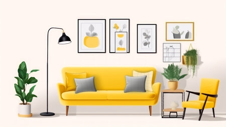 Interior of modern living room with yellow sofa, coffee table, lamp, plants and posters. 3d renderingの素材