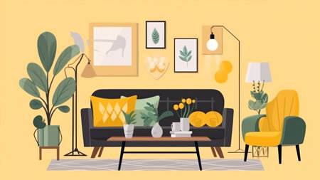 Living room interior design with sofa, armchair, coffee table and plants. Flat vector illustration.の素材