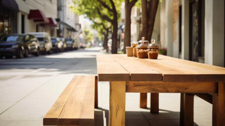 Empty wooden table in a coffee shop with blurry background of a streetの素材