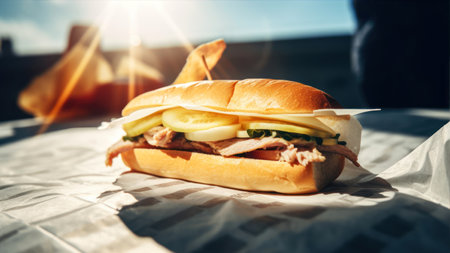 Sandwich with tuna, cucumber and mayonnaise on the tableの素材