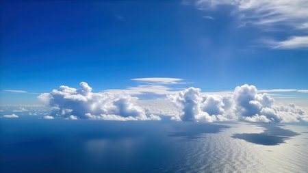 Aerial view of beautiful white clouds in blue sky above the seaの素材
