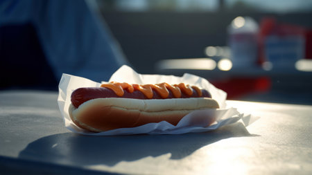 Closeup of hot dog on table in fast food restaurant, shallow depth of fieldの素材