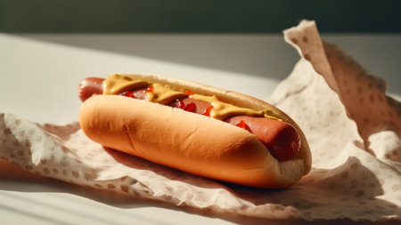 Delicious hot dog with mustard and ketchup on white table, closeupの素材