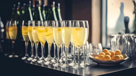 Glasses of champagne on a bar counter in a luxury restaurant.の素材