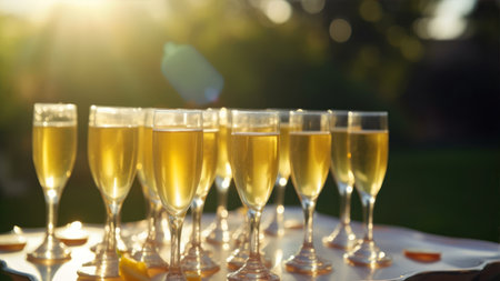 Glasses of champagne on table outdoors, closeup. Celebration conceptの素材