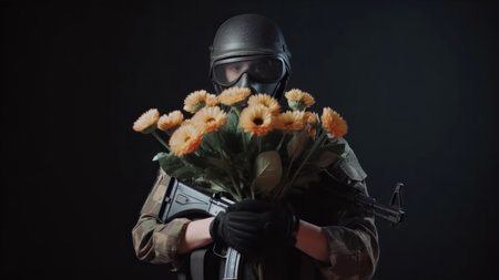 Soldier with a gun and a bouquet of flowers on a black backgroundの素材
