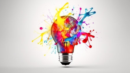 Colorful splashes and light bulbs on white background. 3D renderingの素材