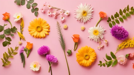 flowers composition. Colorful flowers on pink background. Flat lay, top view, copy spaceの素材