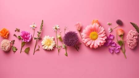 flowers composition. Frame made of flowers on pink background. Flat lay, top view, copy spaceの素材