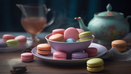 Colorful macaroons and teapot on the wooden tableの素材