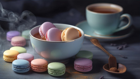 Colorful macaroons and cup of hot tea on wooden tableの素材