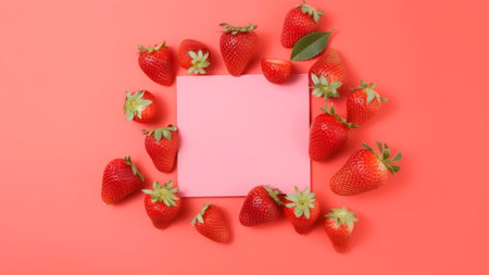 Strawberries with a blank sheet of paper on a pink backgroundの素材