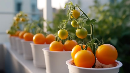 Ripe yellow cherry tomatoes growing in plastic pots on the balcony.の素材