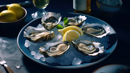 Fresh oysters with lemon on a blue plate on a dark backgroundの素材